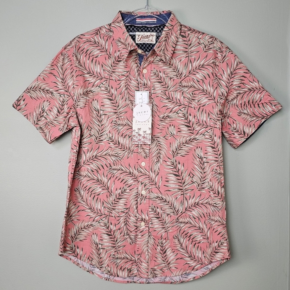 JACHS New York Men's Pink Red Tropical Hawaiian Short Sleeve Button-Up Shirt, S - Picture 3 of 9